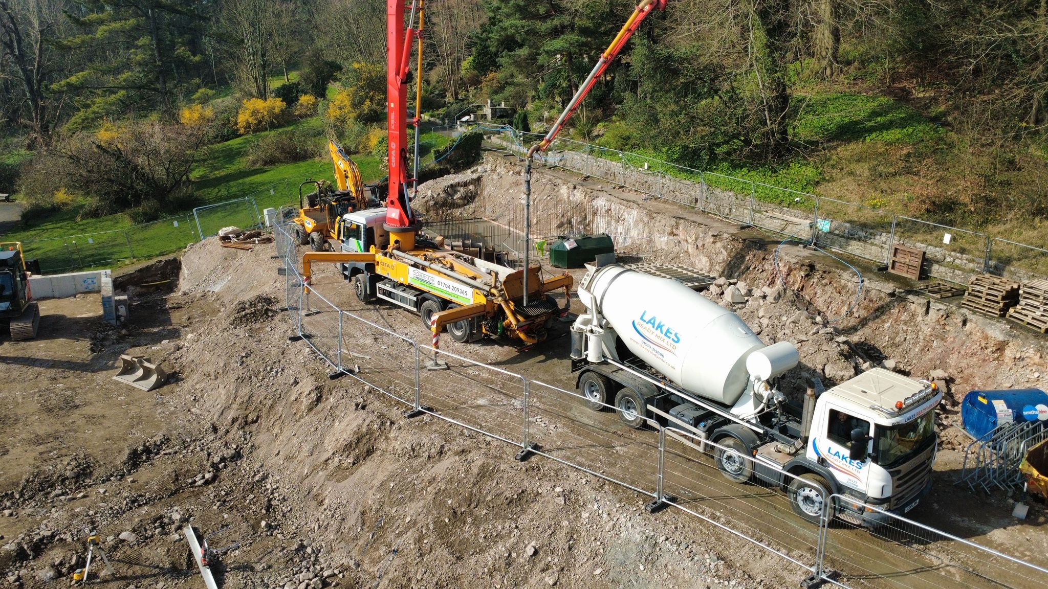 Lakes Ready Mix truck on a Cumbria construction site, aerial view